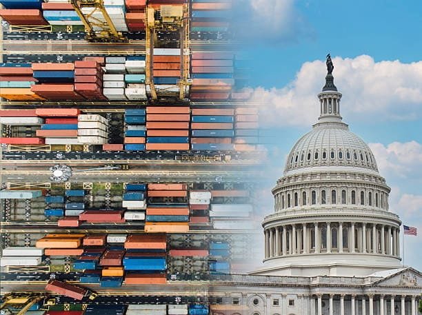 Composite image showing US government building and stacked shipping containers representing economy shipping outside the US.