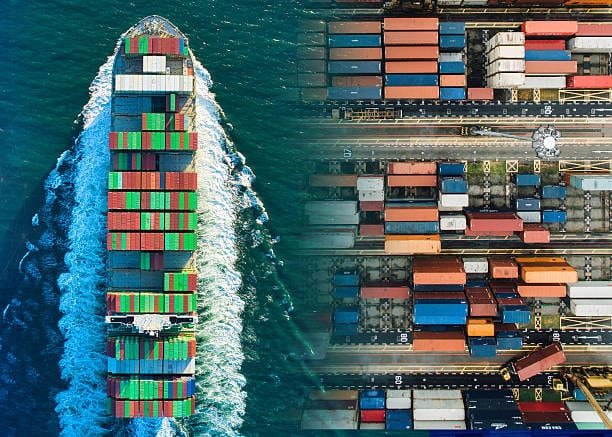 Composite image of an ocean freight vessel and port operations representing economy shipping outside the US.