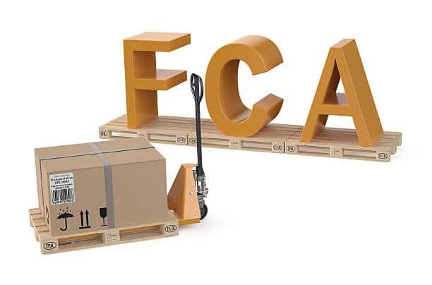 FCA Free Carrier concept with cargo box, pallet jack, and pallets symbolizing delivery to the carrier under FCA Incoterms.