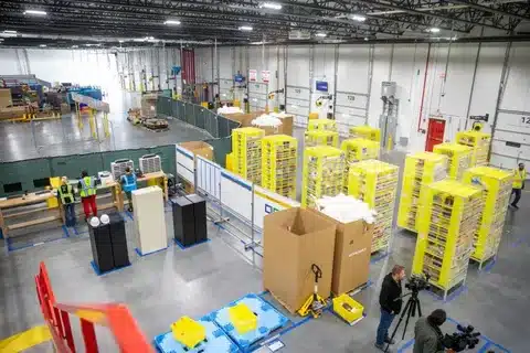 Fulfillment center showing shelves, pallets, and inventory management.