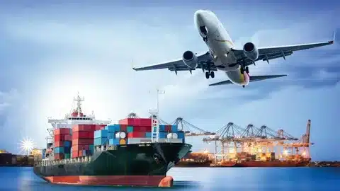 Airplane flying over a cargo vessel symbolizing global logistics and shipping from China to Switzerland.