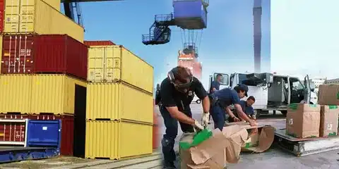 Workers unpacking and checking goods as part of customs inspection and duty clearance procedures.