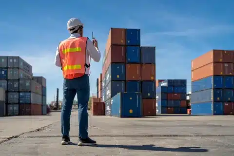 A customs supervisor communicating via radio at a busy container yard during clearance procedures.