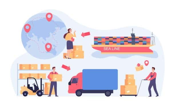 Illustration of the overseas shipping process with sea freight, trucks, and global delivery points.