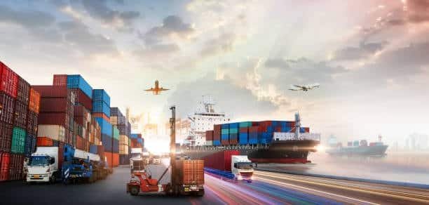 Global transport and logistics concept showing cargo containers, freight ship, trucks, and airplanes representing international trade and supply chain operations.