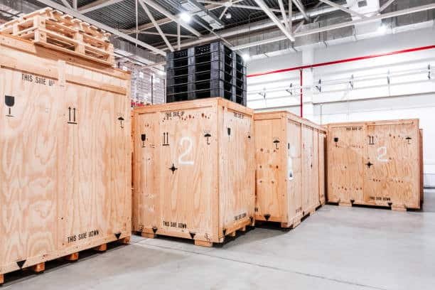 Heavy-duty wooden crates used for shipping large and fragile items securely.