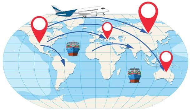 Global trade and logistics infographic highlighting FOB shipping point and destination routes.