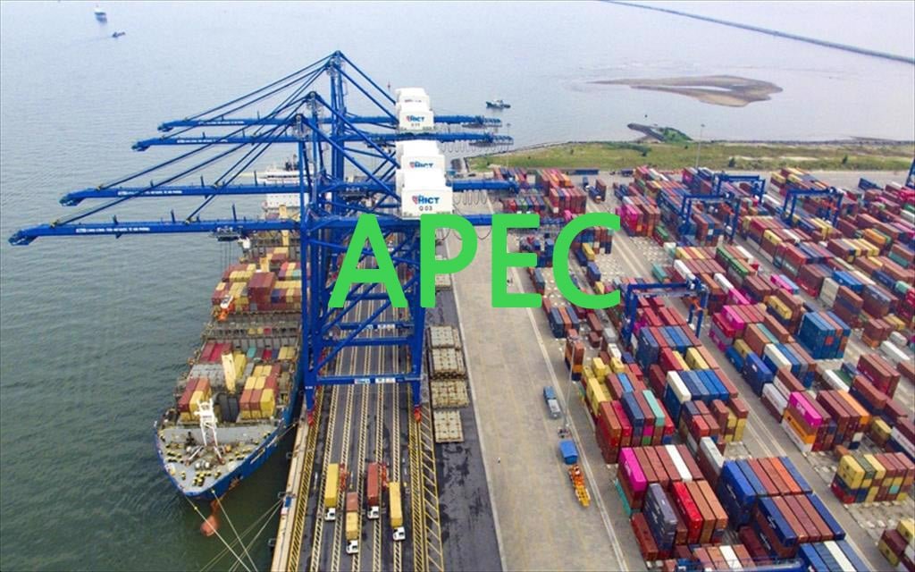 Aerial view of a busy container port in China symbolizing global trade and APEC 2025 discussions on cross-border fulfillment and sourcing.
