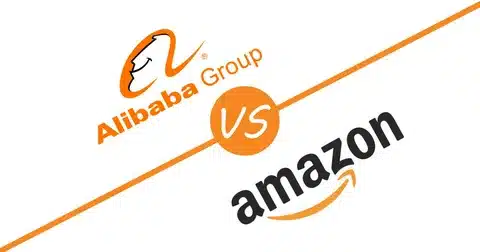 Alibaba Group vs Amazon logo image illustrating rivalry between the two leading e-commerce platforms.