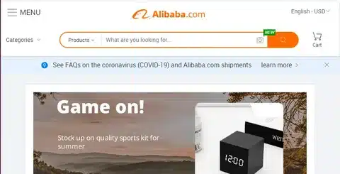 Alibaba homepage interface showcasing online product listings and global supplier search bar.