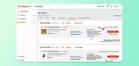 Alibaba order management page displaying order tracking and fulfillment status.