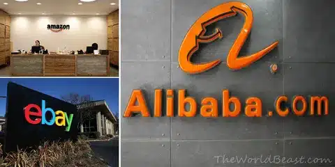 Amazon, Alibaba, and eBay logos representing major global e-commerce platforms.