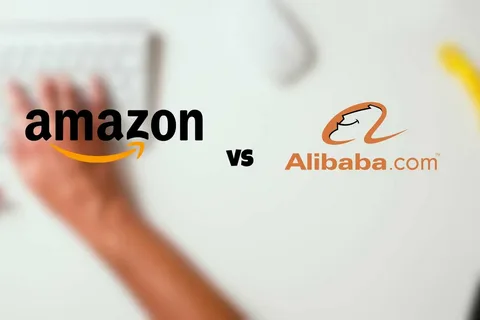 Amazon vs Alibaba branding image representing global business rivalry.