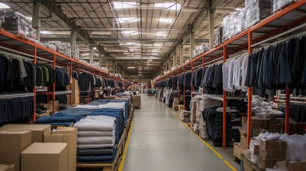 Organized apparel inventory with folded and hanging clothes in a fulfillment center.
