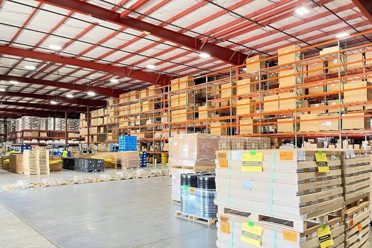Clean and organized warehouse showing apparel inventory management in a third-party logistics facility.