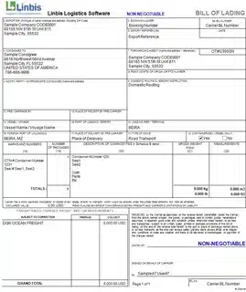 Bill of lading example showing key shipping and consignee information.