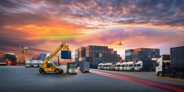 Global logistics operation with containers, trucks, and cargo handling at port.
