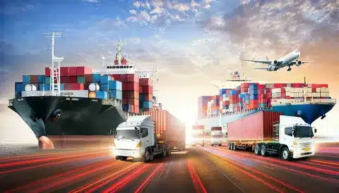 Global toy import logistics with cargo ships, trucks, and airplanes transporting goods worldwide.