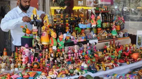Variety of colorful imported toys displayed at a local toy market.