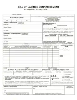 Non-negotiable bill of lading form showing shipper, consignee, and cargo details.