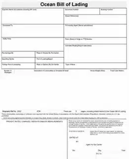 Ocean bill of lading document showing shipment details, consignee, and vessel information.
