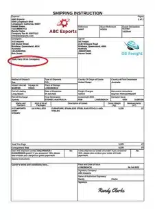 Shipping instruction document sample showing exporter, consignee, and shipment details.