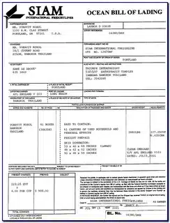 Example of Siam ocean bill of lading document showing cargo details and port of loading information.
