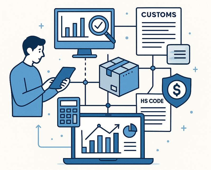 An illustration of a person using a tablet to manage supply chain digitization, with customs documents, HS code, and analytics charts, highlighting efficient duty and tax compliance in 2025.