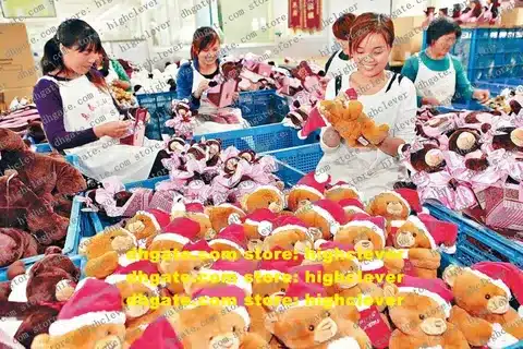 Toy manufacturing factory workers assembling plush toys for export and import markets.