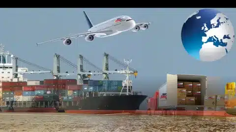 Air and sea freight containers showing global shipping operations across ocean and air routes.