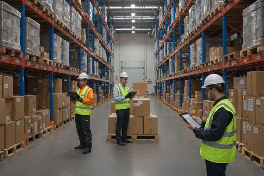 3PL inventory stock control process with warehouse staff verifying inventory accuracy