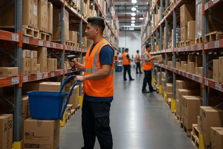 3PL warehouse worker picking orders in a large scale fulfillment center