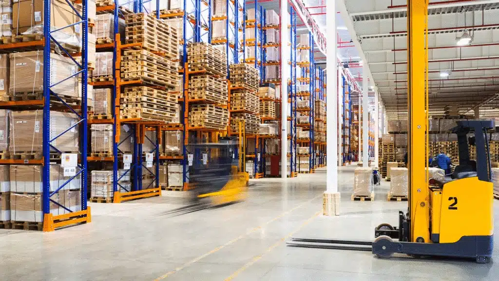 3PL warehouse storage operations with pallet racking and forklifts supporting efficient inventory management