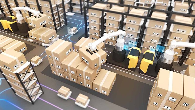 Automated warehouse with robotic sorting systems and conveyor lines demonstrating AI-driven efficiency in large-scale B2B fulfillment.