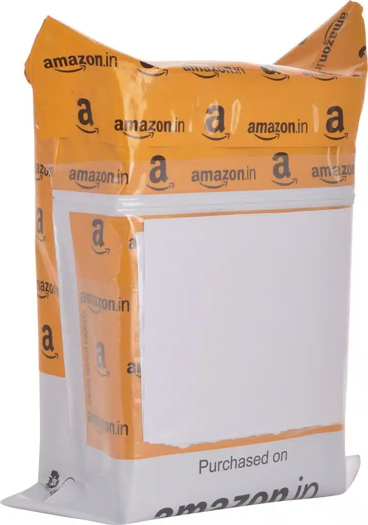 Amazon-branded poly mailer bag showing correct packaging style for e-commerce orders.
