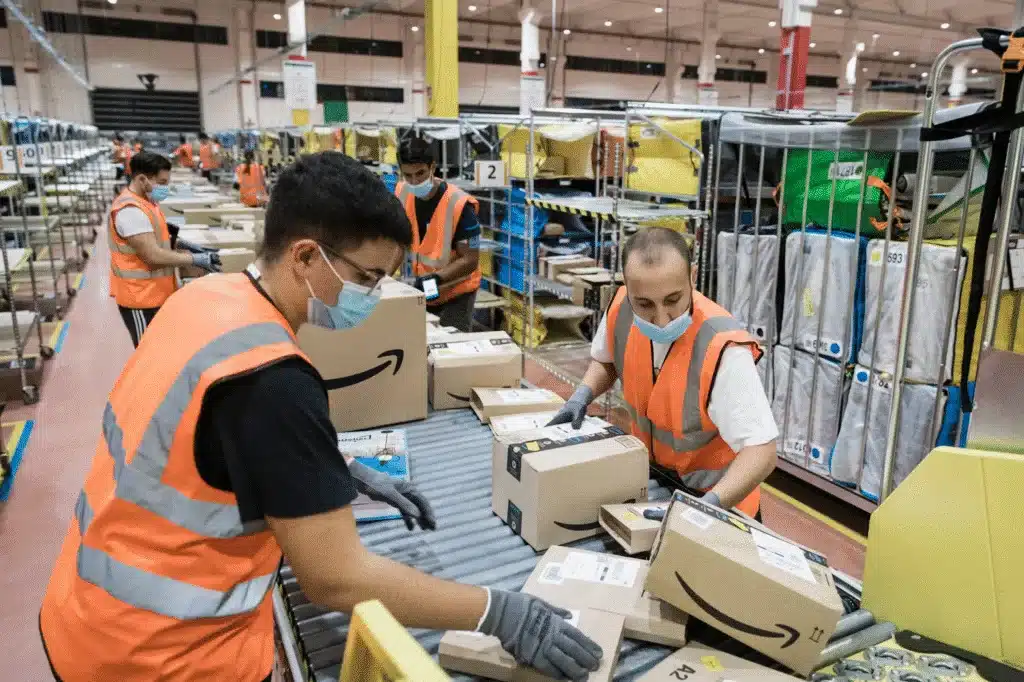 Amazon FBA apparel warehouse operations handling labeling packing and order processing for sellers
