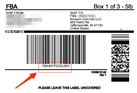 Amazon FBA shipping label displaying barcode, ship-from and ship-to details, and box 1 of 3 identification.