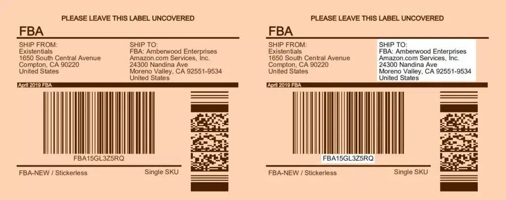 Two Amazon FBA carton labels side by side showing proper formatting, barcode placement, and shipping data.