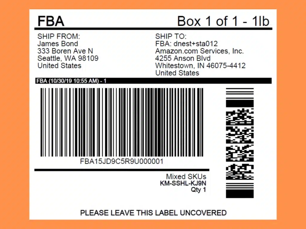 Amazon FBA shipping label showing mixed SKUs, barcode, and ship-from and ship-to addresses.