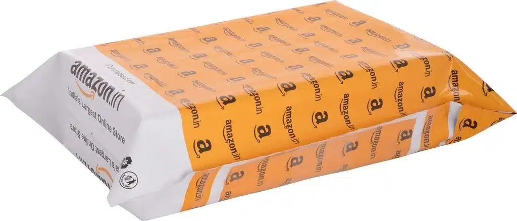 Example of incorrect Amazon FBA packaging with a poorly sealed and overstretched poly mailer.