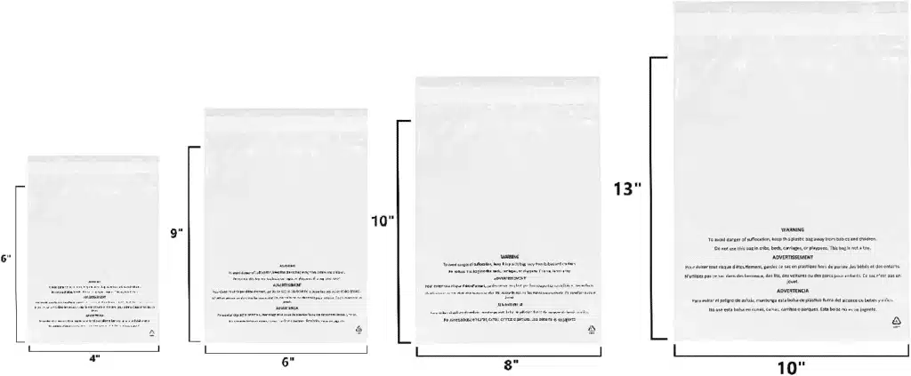 Multiple poly bags in various sizes displaying suffocation warning labels for Amazon FBA compliance.