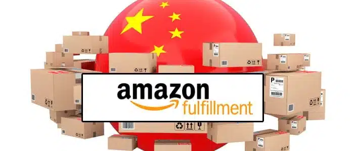 Graphic showing Amazon fulfillment logo with China flag and parcels representing cross-border shipping.