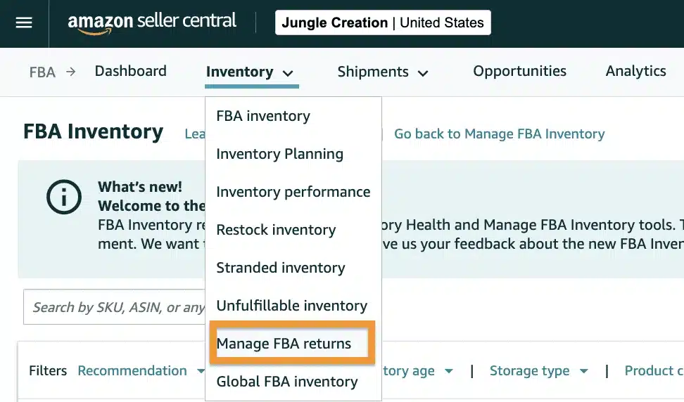 Amazon Seller Central menu highlighting the Manage FBA Returns option for FBA inventory management.