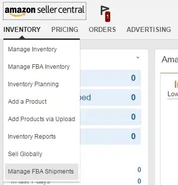 Amazon Seller Central inventory tab displaying the Manage FBA Shipments option.