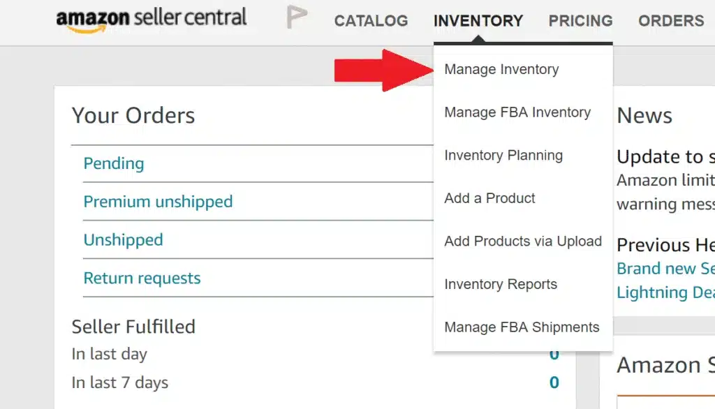 Amazon Seller Central inventory dropdown menu with a red arrow pointing to the Manage Inventory option.
