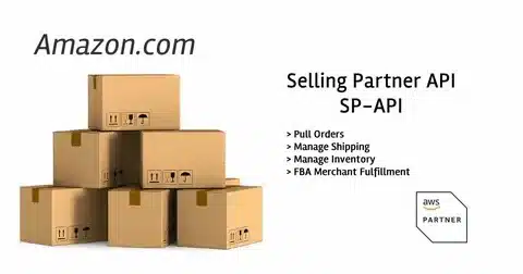 Amazon SP-API automation graphic with stacked shipping boxes and AWS Partner label.