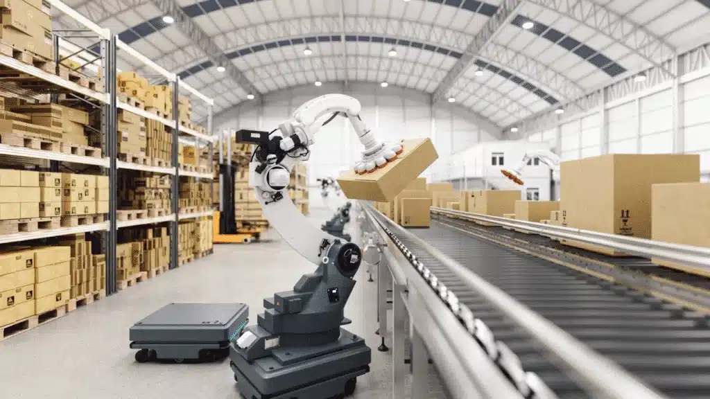 Automated ecommerce fulfillment conveyor system with robotic picking and sorting operations