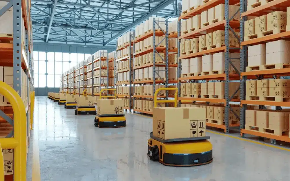 Automated warehouse robots carrying inventory boxes through a storage facility.
