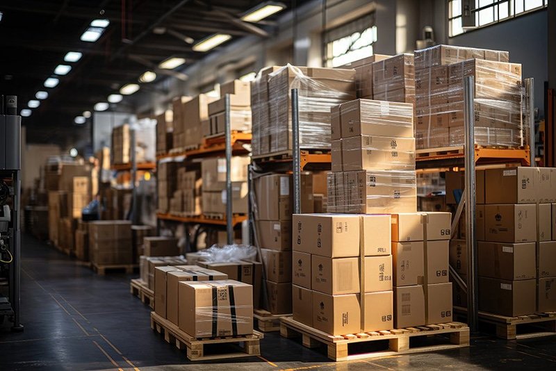 Modern warehouse with pallet racks and organized cartons representing real-time inventory tracking and B2B logistics efficiency.