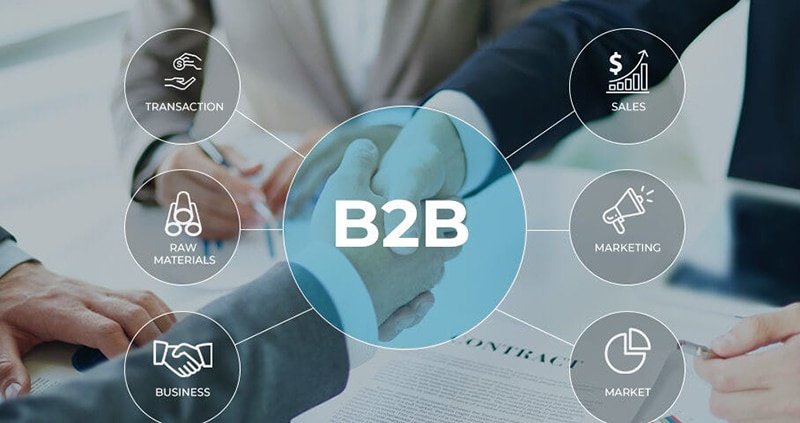 Business partners shaking hands with B2B logistics icons, symbolizing collaboration in fulfillment, supply chain optimization, and multi-channel growth.